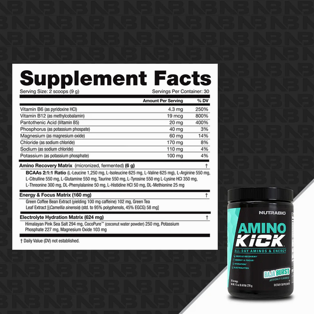 Комплексные аминокислоты с электролитами NutraBio Amino Kick 271 г Баха Бёрст-1 Комплексные аминокислоты с электролитами NutraBio Amino Kick 271 г Баха Бёрст-1