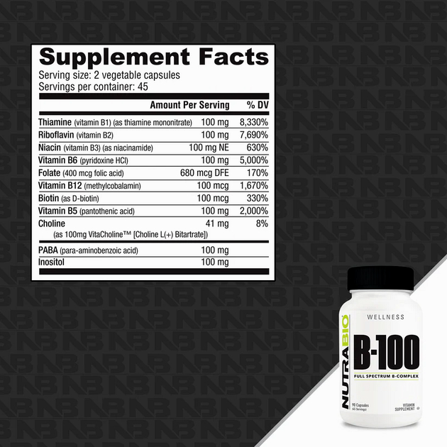 Витамины группы B NutraBio Vitamin B-100 Complex 90 вег. Кап-1 Витамины группы B NutraBio Vitamin B-100 Complex 90 вег. Кап-1