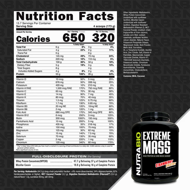 Гейнер для набора массы NutraBio Extreme Mass 2722 г Клубничное пирожное-1 Гейнер для набора массы NutraBio Extreme Mass 2722 г Клубничное пирожное-1