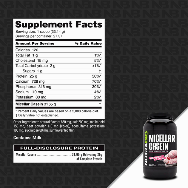 Мицеллярный казеин NutraBio Micellar Casein 900 г Клубничное мороженое-1 Мицеллярный казеин NutraBio Micellar Casein 900 г Клубничное мороженое-1